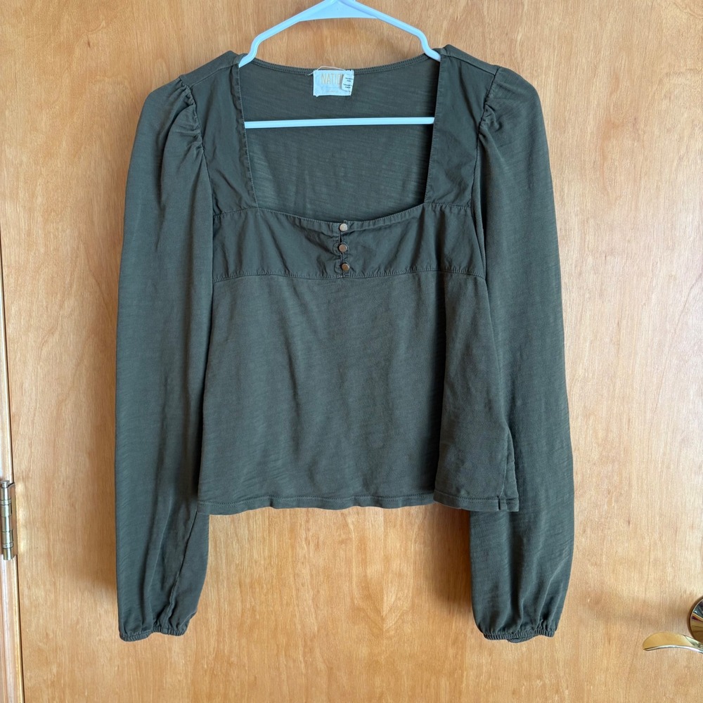 Nation LTD Women's Square Neck Long Sleeve Olive Green Top, Size XS 1383JJR